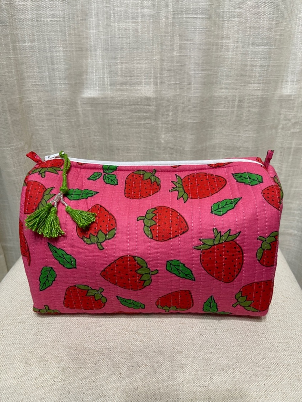 Brand New Pink Strawberry Print Cosmetic Pouch with Green Tassel